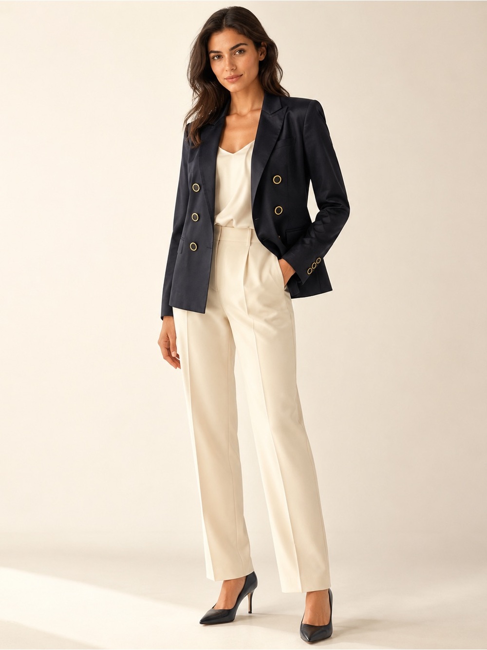 Adrienne Vittadini Deep Navy Gold Button Double Breasted Blazer 8 NWT